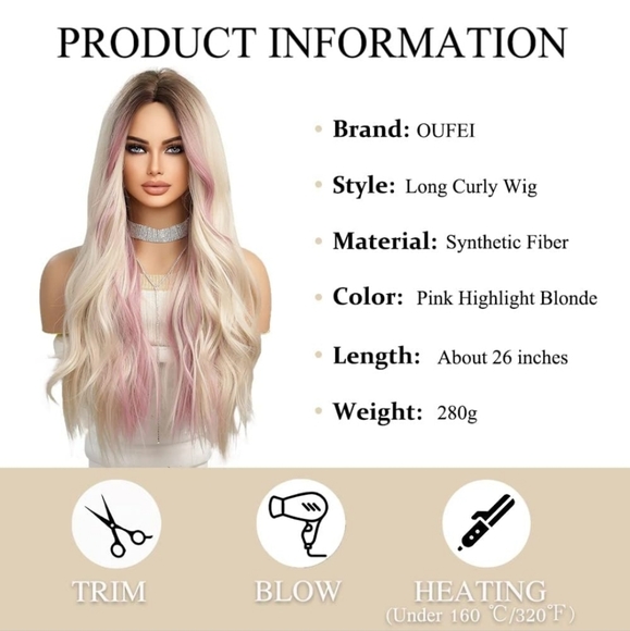 Ombre Blonde Wigs with Pink Purple Highlight 26 inches synthetic - Picture 2 of 6
